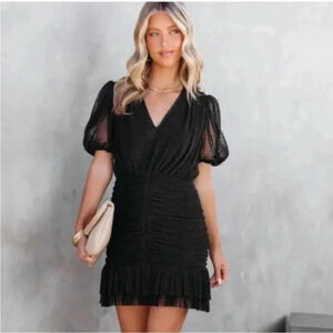 ENDLESS ROSE black Revolve Tulle ruched puff sleeve dress Size S